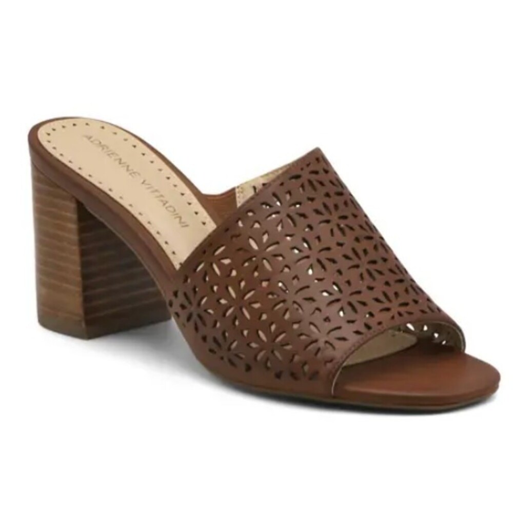 Adrienne Vittadini Brown Leather Laser Cut Mule Block Heel Sandals Size 8M